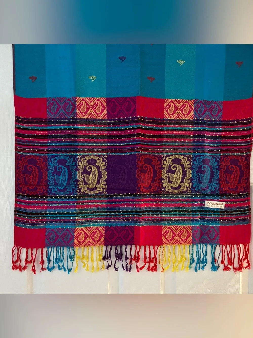 Gorgeous ethnic design pashmina scarf with tassels - large